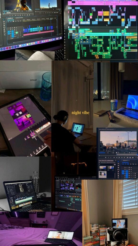 video editing 💗💗 Collage of video editing workstations with screens displaying editing software and creative night settings. | Sky Rye Design Collage of video editing workstations with screens displaying editing software and creative night settings.