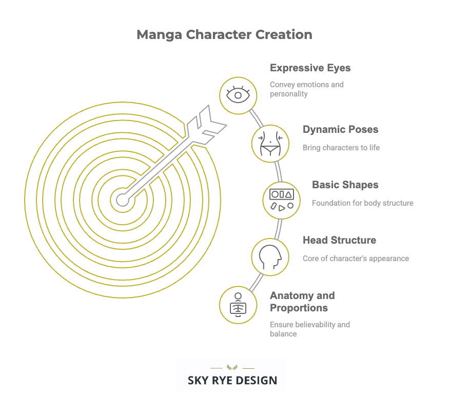 visual-selection-_21_ Manga character creation guide with focus on expressive eyes, dynamic poses, basic shapes, head structure, and anatomy for balance. | Sky Rye Design Manga character creation guide with focus on expressive eyes, dynamic poses, basic shapes, head structure, and anatomy for balance.