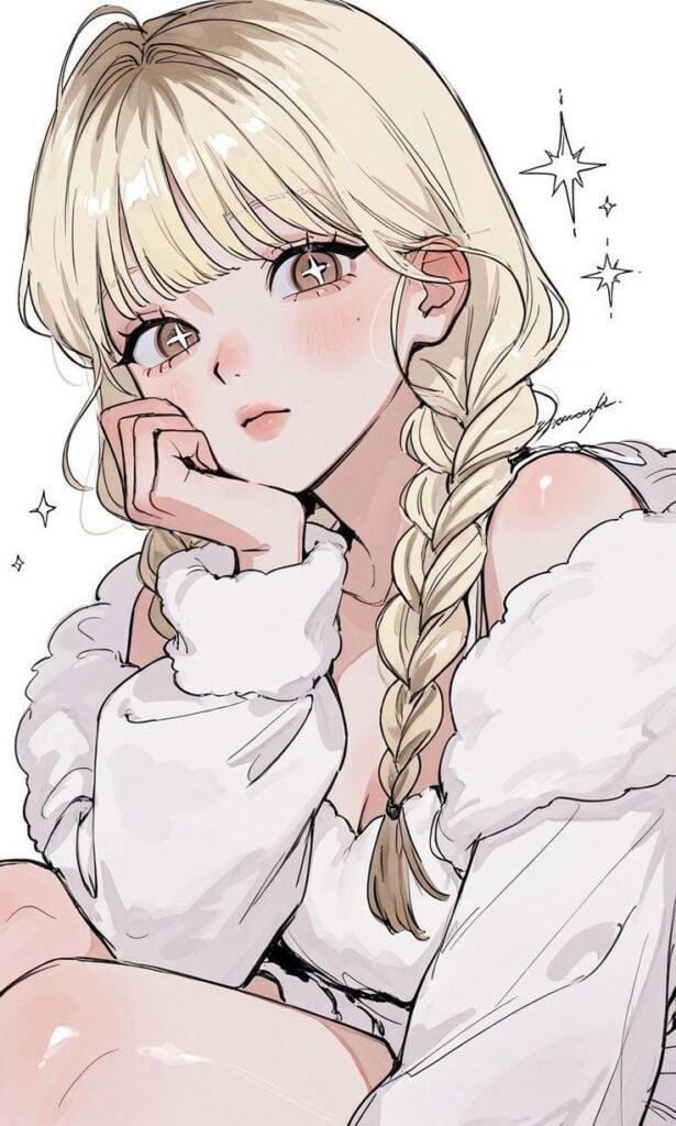 Anime girl with blond braided hair and starry eyes, wearing a fluffy white top, resting chin on hand with a thoughtful expression.