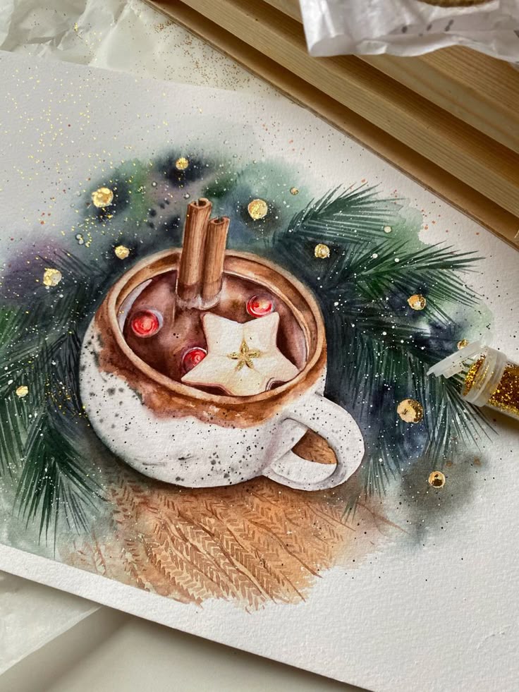 Watercolor illustration of a festive cup with cinnamon sticks, berries, and a star cookie, surrounded by pine foliage and golden decorations.