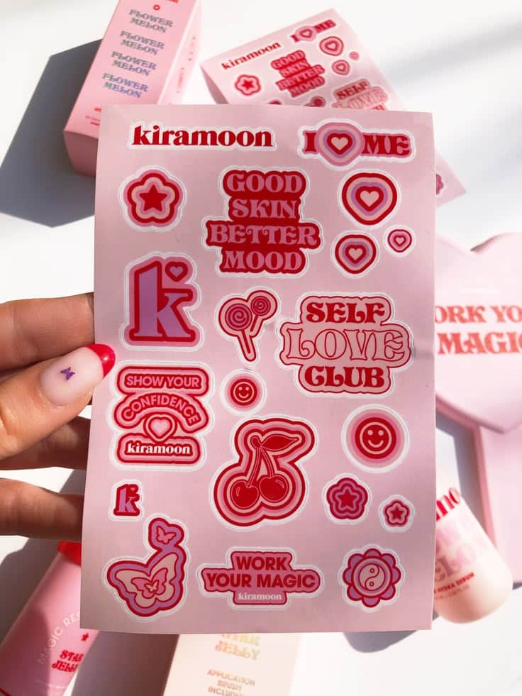 y2k pink sticker sheets from kiramoon Sheet of Kiramoon stickers with positivity quotes like Good Skin, Better Mood and Self Love Club, surrounded by skincare products. | Sky Rye Design Sheet of Kiramoon stickers with positivity quotes like Good Skin, Better Mood and Self Love Club, surrounded by skincare products.