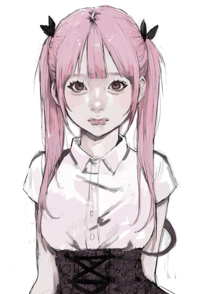 Anime girl with pink hair in pigtails, wearing a white shirt and black skirt with lace detail, looking forward.