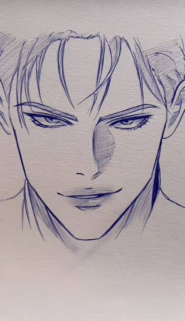 zDbS Detailed anime sketch of a male character with a confident expression, blue pencil on textured paper. | Sky Rye Design Detailed anime sketch of a male character with a confident expression, blue pencil on textured paper.