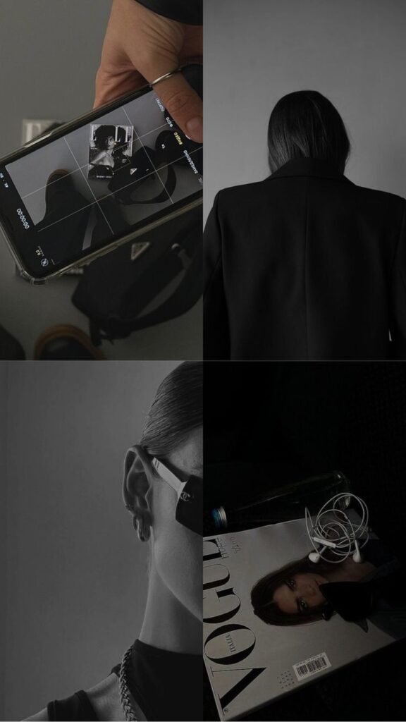 zdbSF Collage with smartphone camera, woman in black, sunglasses, Vogue magazine, earphones, and bottle. Fashion and style theme. | Sky Rye Design Collage with smartphone camera, woman in black, sunglasses, Vogue magazine, earphones, and bottle. Fashion and style theme.