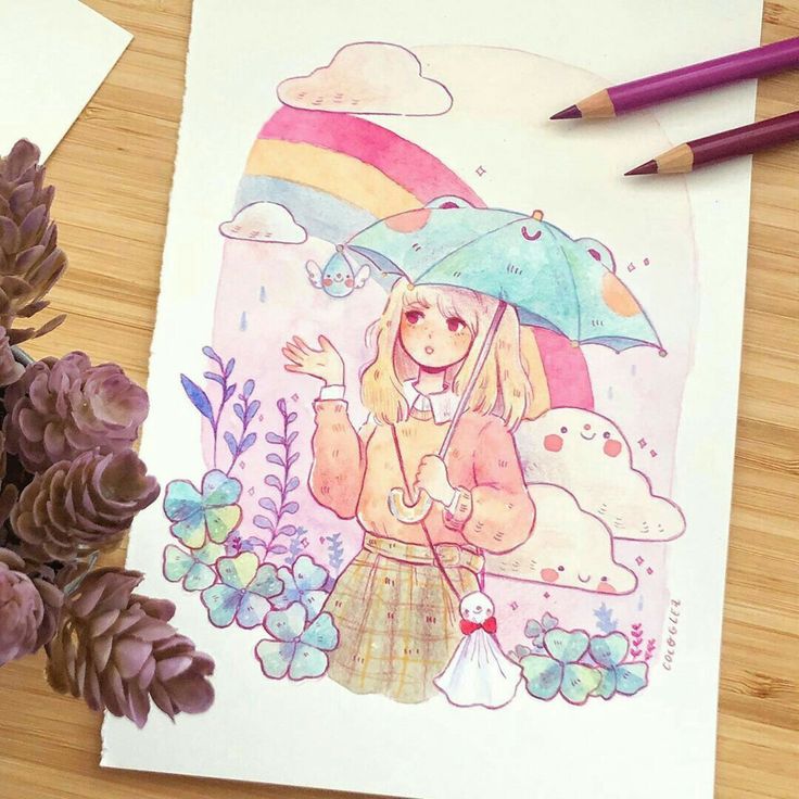 zdgbfzd Illustration of a girl with an umbrella under a rainbow, surrounded by cute clouds and plants. | Sky Rye Design Illustration of a girl with an umbrella under a rainbow, surrounded by cute clouds and plants.
