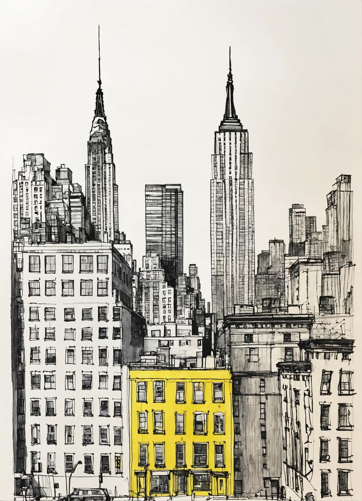 zdgbhzdf Black and white cityscape sketch featuring a highlighted yellow building among skyscrapers. Detailed urban illustration. | Sky Rye Design Black and white cityscape sketch featuring a highlighted yellow building among skyscrapers. Detailed urban illustration.