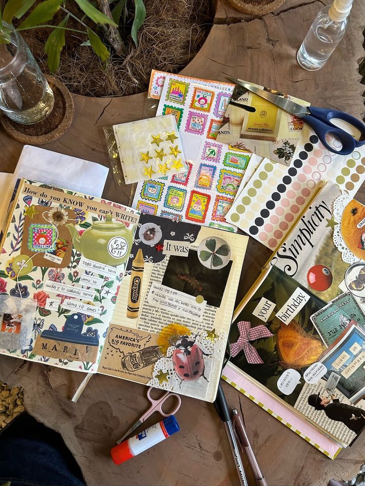 zdghndxhb Creative scrapbook pages with colorful stickers and embellishments on a wooden table, crafting tools nearby. | Sky Rye Design Creative scrapbook pages with colorful stickers and embellishments on a wooden table, crafting tools nearby.