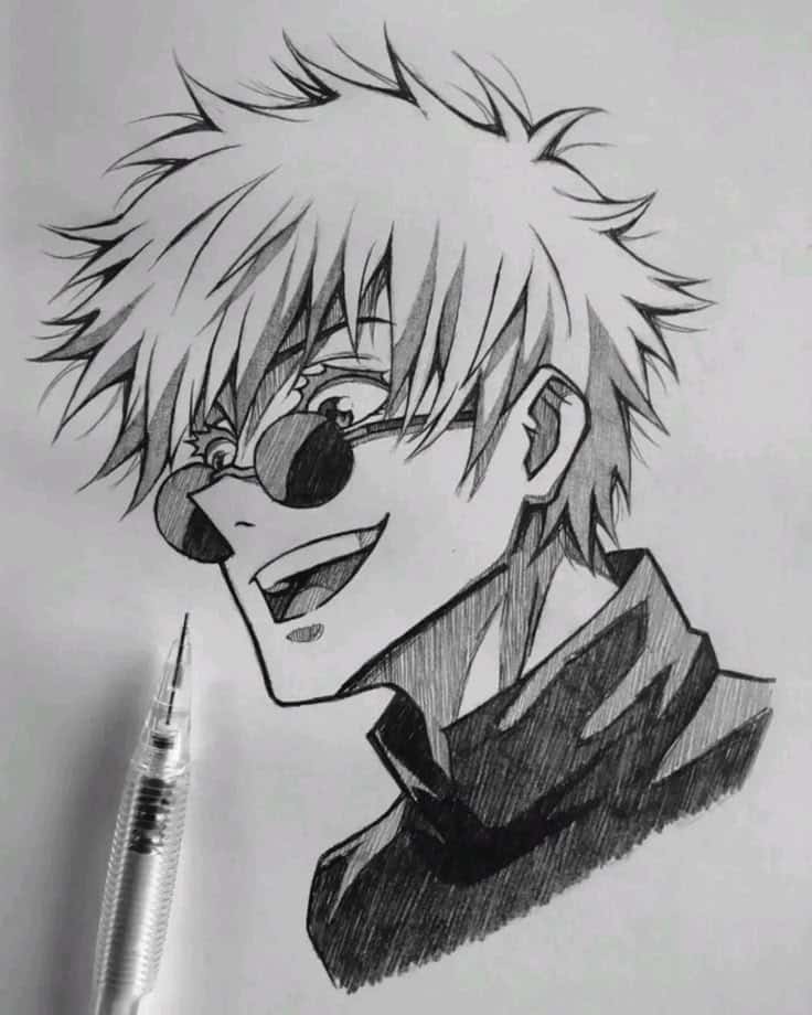 zdthbzdrb Black and white anime character sketch with spiky hair and round glasses, next to a mechanical pencil. | Sky Rye Design Black and white anime character sketch with spiky hair and round glasses, next to a mechanical pencil.