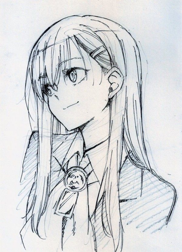 zftnzdt Anime-style sketch of a girl with long hair and a school uniform, smiling slightly, showcasing delicate pencil lines. | Sky Rye Design Anime-style sketch of a girl with long hair and a school uniform, smiling slightly, showcasing delicate pencil lines.