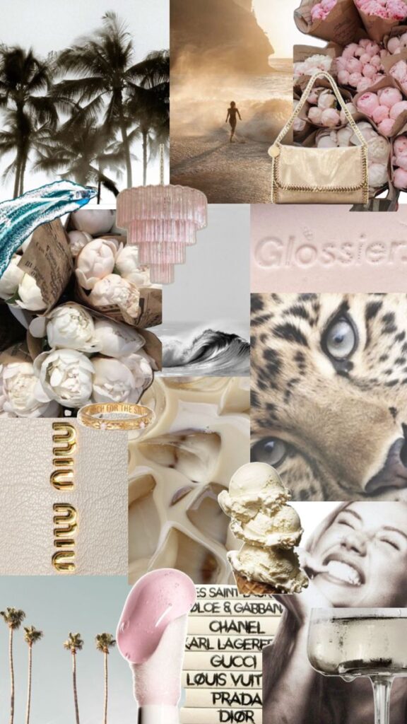 zrfbS Collage of fashion items, beach scene, ice cream, flowers, and palm trees creating a chic and luxurious vibe. | Sky Rye Design Collage of fashion items, beach scene, ice cream, flowers, and palm trees creating a chic and luxurious vibe.