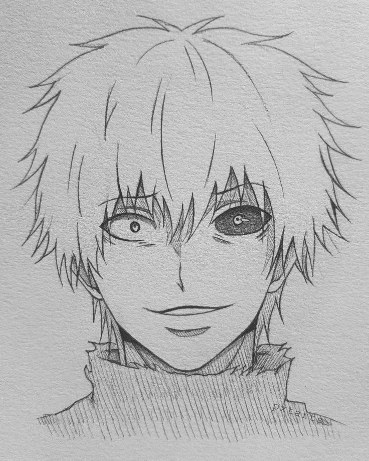zthbdzr Black and white anime sketch of a smiling character with spiky hair and a high collar. | Sky Rye Design Black and white anime sketch of a smiling character with spiky hair and a high collar.
