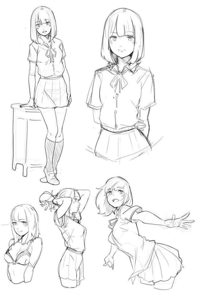 ztrhzt Anime girl character sketches in various poses, wearing a school uniform, showcasing different expressions. | Sky Rye Design Anime girl character sketches in various poses, wearing a school uniform, showcasing different expressions.