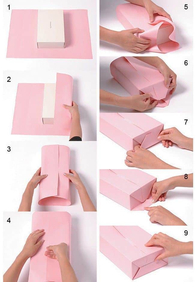 Вечная тема_ как красиво и недорого упаковать подарок Step-by-step guide to wrapping a box with pink paper, showcasing folding and securing techniques for a neat and professional finish. | Sky Rye Design Step-by-step guide to wrapping a box with pink paper, showcasing folding and securing techniques for a neat and professional finish.