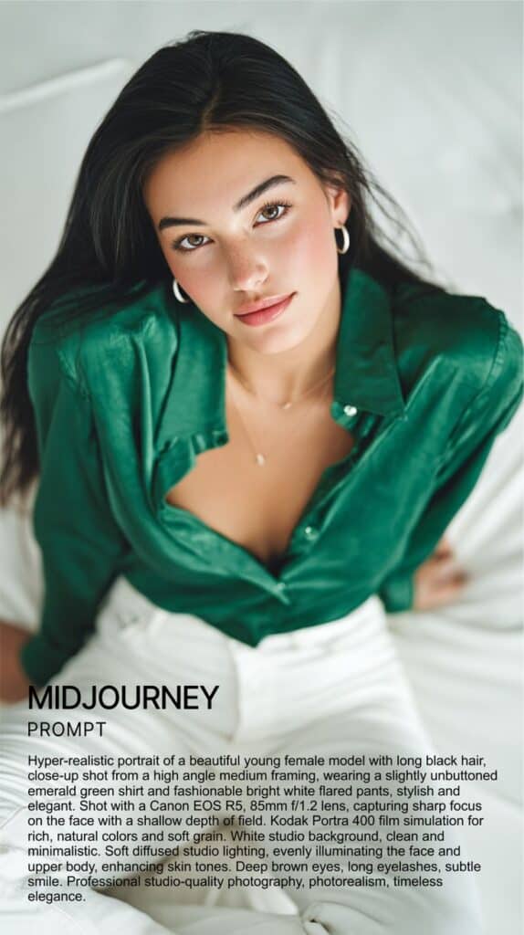 Young woman with long black hair in a green shirt, sitting on a white chair, looking up at the camera with a soft smile.