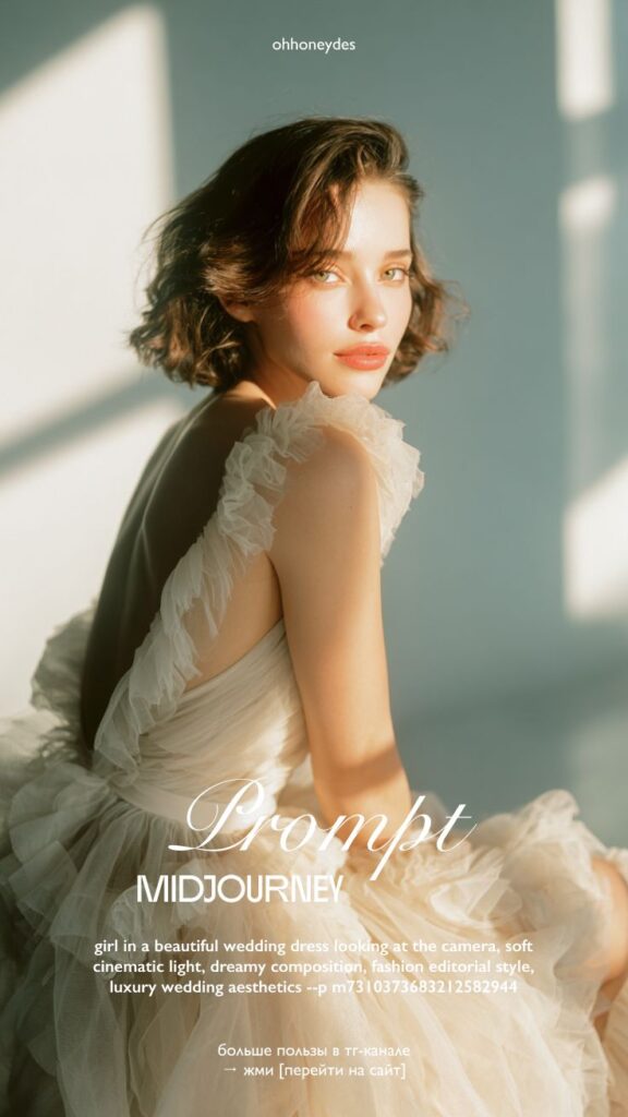 Elegant woman in a luxurious wedding dress, bathed in soft, cinematic light, exuding dreamy, fashion-forward aesthetics.