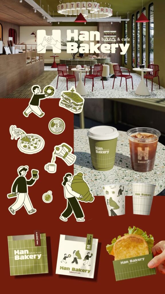 Han Bakery's modern cafe interior with pastries, coffee, and playful illustrations highlighting fresh sandwiches and takeaway coffee cups.
