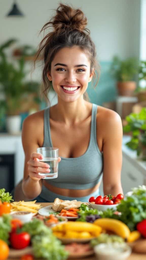 Как похудеть_ 5 простых шагов к здоровому питанию Woman smiling with a glass of water, surrounded by healthy fruits and vegetables in a kitchen setting. | Sky Rye Design Woman smiling with a glass of water, surrounded by healthy fruits and vegetables in a kitchen setting. vitamina trend