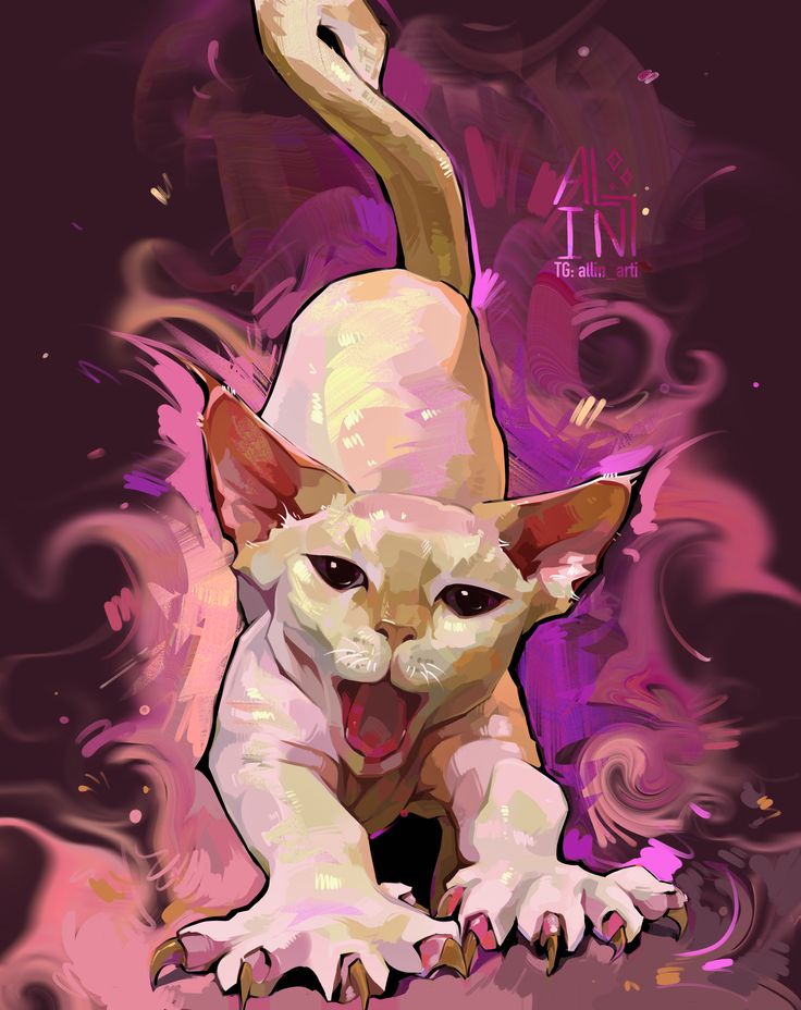 Illustrated cat stretching with an open mouth, surrounded by vibrant pink and purple swirls on a dark background.