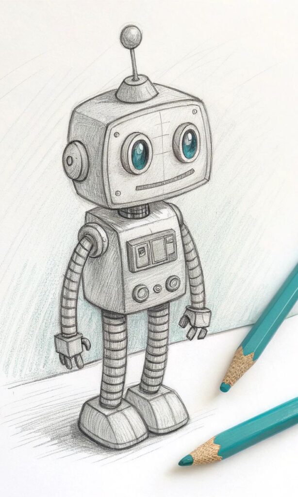 Cute sketch of a vintage robot with big eyes, standing next to teal pencils on paper. Ideal for creative and tech-themed content.