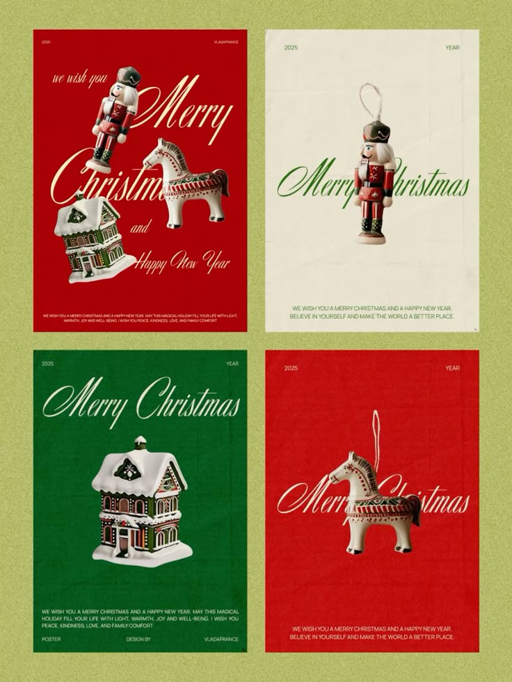 Festive Christmas posters featuring nutcrackers, gingerbread house, and horse decorations. Merry Christmas and Happy New Year wishes.