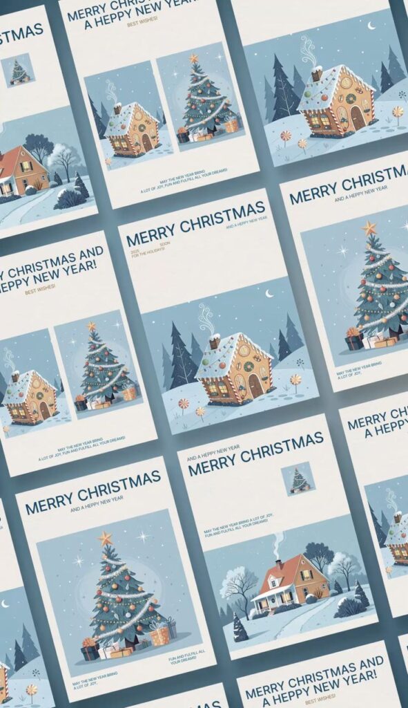 Christmas cards with festive illustrations of gingerbread houses and trees, featuring Merry Christmas greetings in blue and white.