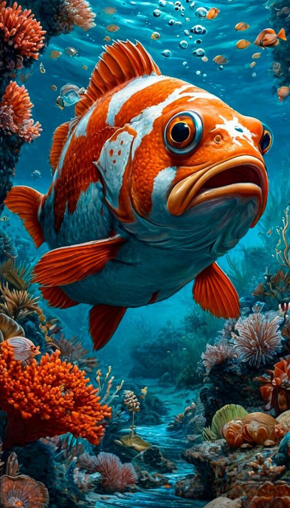 Vibrant orange and white fish swimming in a colorful coral reef, surrounded by vivid marine life and blue water.