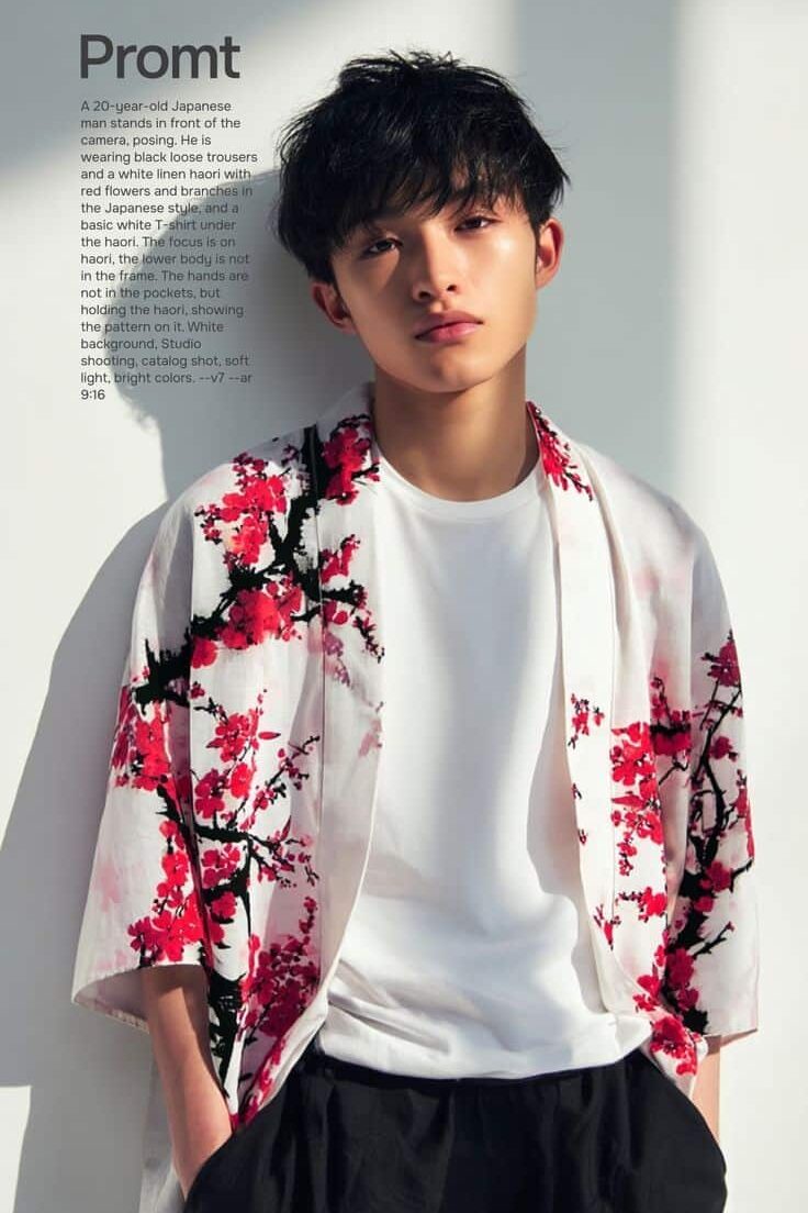 Young man in floral haori and white shirt, standing against a white wall, showcases modern Japanese fashion. Bright lighting. Studio shot.