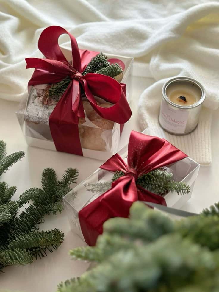 Рождественский набор Christmas gifts in clear boxes with red bows, evergreen accents, next to a lit candle and a cozy white blanket background. | Sky Rye Design Christmas gifts in clear boxes with red bows, evergreen accents, next to a lit candle and a cozy white blanket background.