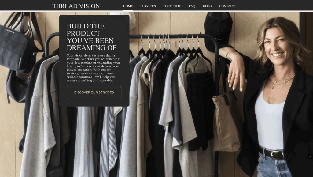 Clothing retailer display with diverse apparel and smiling woman in a stylish outfit promoting customization services.