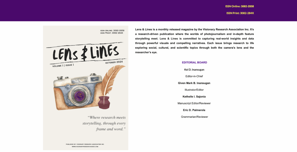 Lens & Lines magazine cover, October 2024, featuring a vintage camera and quill, by Visionary Research Association.