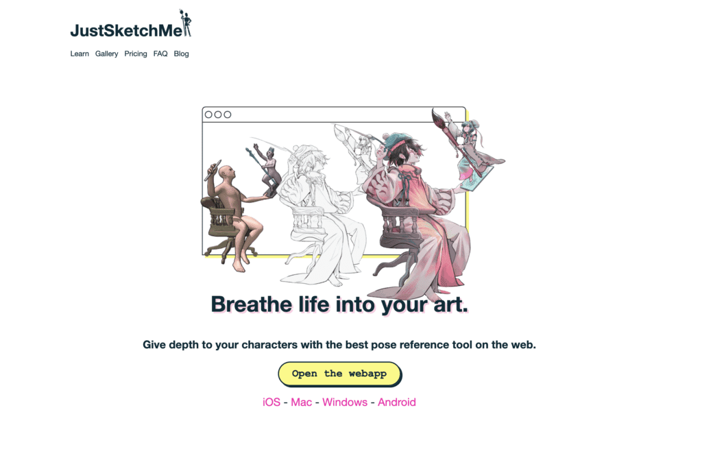 JustSketchMe art tool with evolving character sketches, offering pose references for iOS, Mac, Windows, and Android platforms.