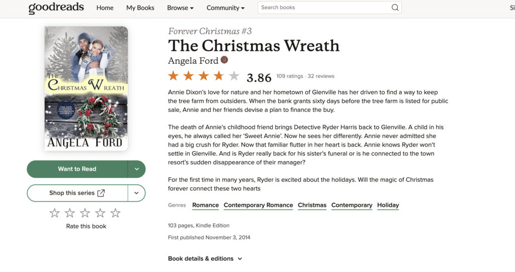 Cover of The Christmas Wreath by Angela Ford on Goodreads. Features a couple in winter attire and a festive wreath on the cover.