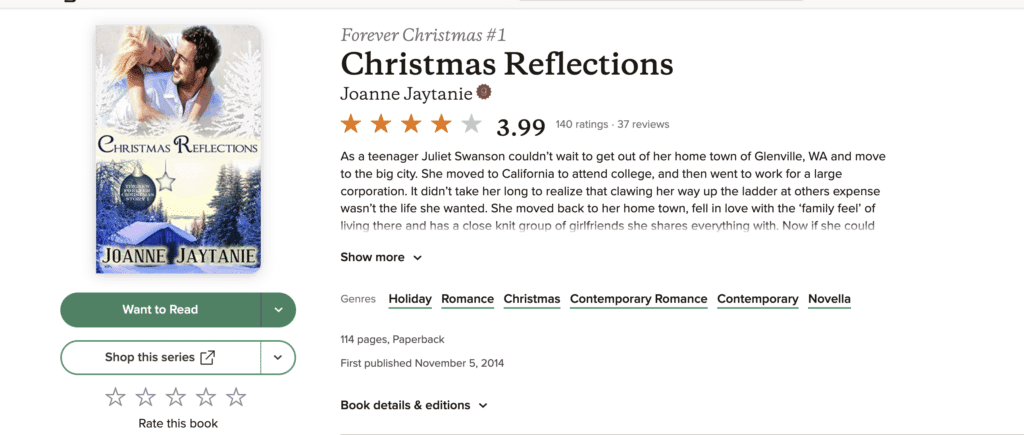 Book cover of 'Christmas Reflections' by Joanne Jaytanie, featuring a cozy winter scene and a smiling couple, depicting holiday romance.