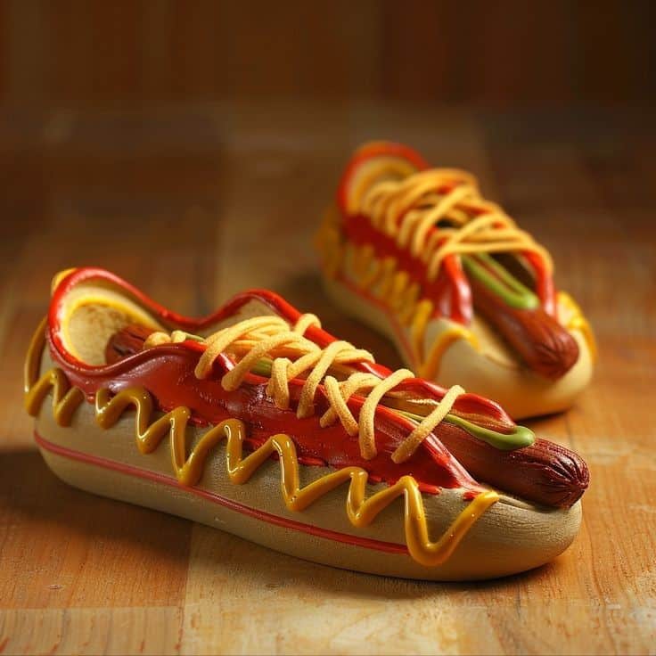 вптяваи Creative hot dog shoes with mustard and ketchup design on wooden floor. Fun novelty footwear concept. | Sky Rye Design Creative hot dog shoes with mustard and ketchup design on wooden floor. Fun novelty footwear concept.
