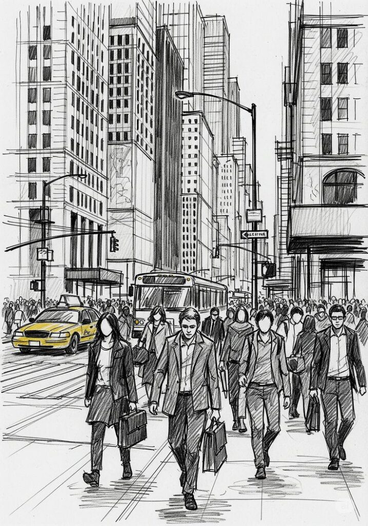 городская суета Black-and-white sketch of busy city street with business professionals walking, surrounded by skyscrapers, taxi, and public bus. | Sky Rye Design Black-and-white sketch of busy city street with business professionals walking, surrounded by skyscrapers, taxi, and public bus.