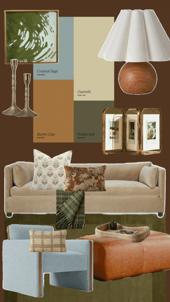 завантаження Stylish living room with earthy tones, featuring a beige sofa, light blue chair, and decorative pillows. | Sky Rye Design Stylish living room with earthy tones, featuring a beige sofa, light blue chair, and decorative pillows.