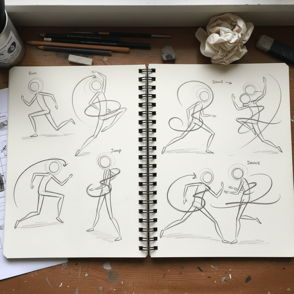 завантаження 59 Sketchbook open to pages with dynamic stick figure drawings showing movements labeled Run, Jump, and Dance, on a wooden desk. | Sky Rye Design Sketchbook open to pages with dynamic stick figure drawings showing movements labeled Run, Jump, and Dance, on a wooden desk.
