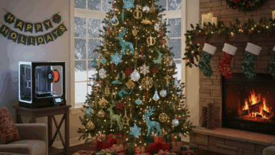 Cozy living room with Christmas tree, 3D printer, and gifts by the fireplace. Festive decorations create a warm holiday atmosphere.
