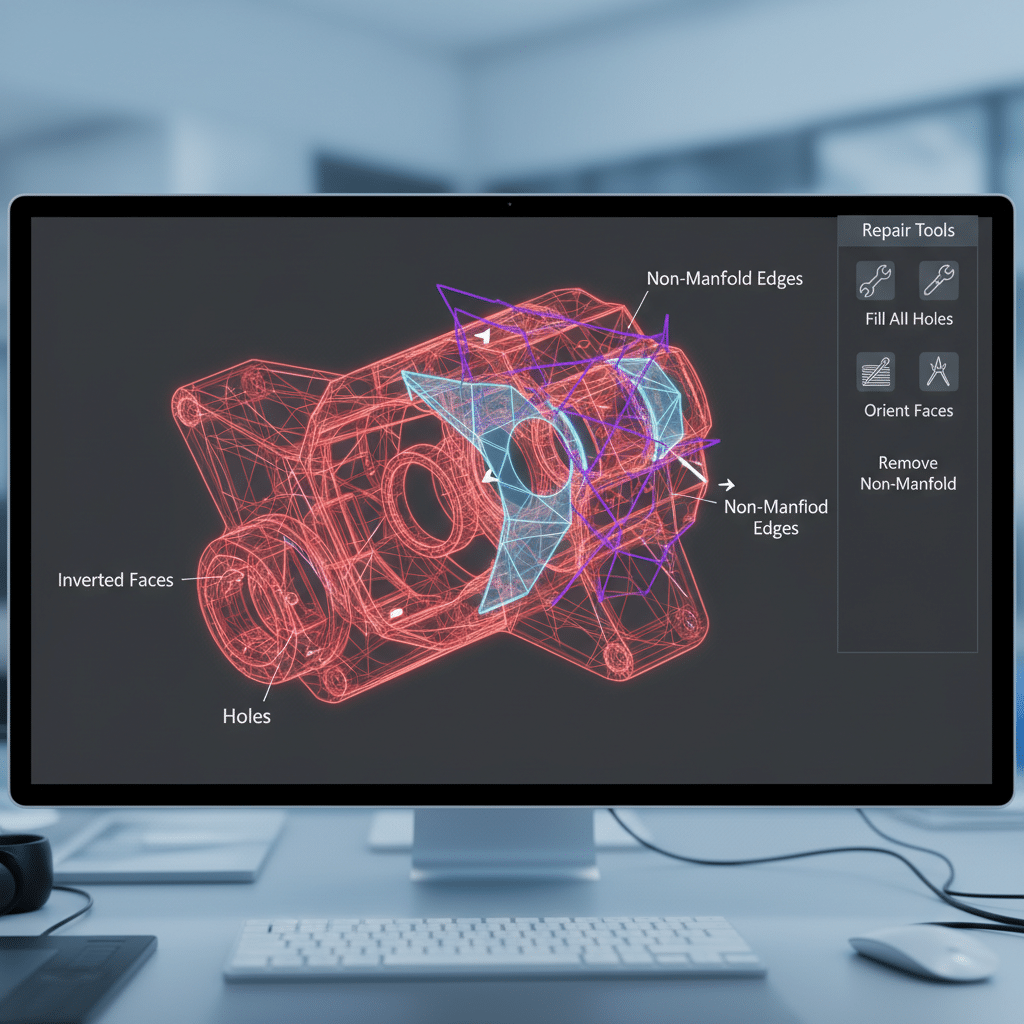 3D modeling software showing repair tools for fixing mesh issues like non-manifold edges and holes on a computer screen.