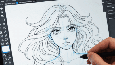 Artist drawing detailed anime-style portrait on a tablet with stylus in digital illustration software.