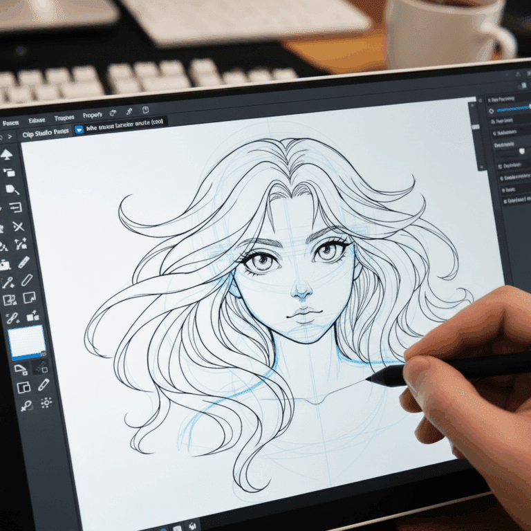 завантаження 65 Artist drawing detailed anime-style portrait on a tablet with stylus in digital illustration software. | Sky Rye Design Artist drawing detailed anime-style portrait on a tablet with stylus in digital illustration software.