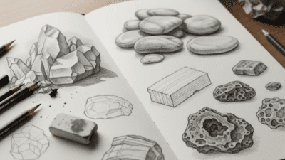Sketches of various rocks and minerals in a notebook on a wooden desk with pencils and an eraser nearby, detailed and artistic.
