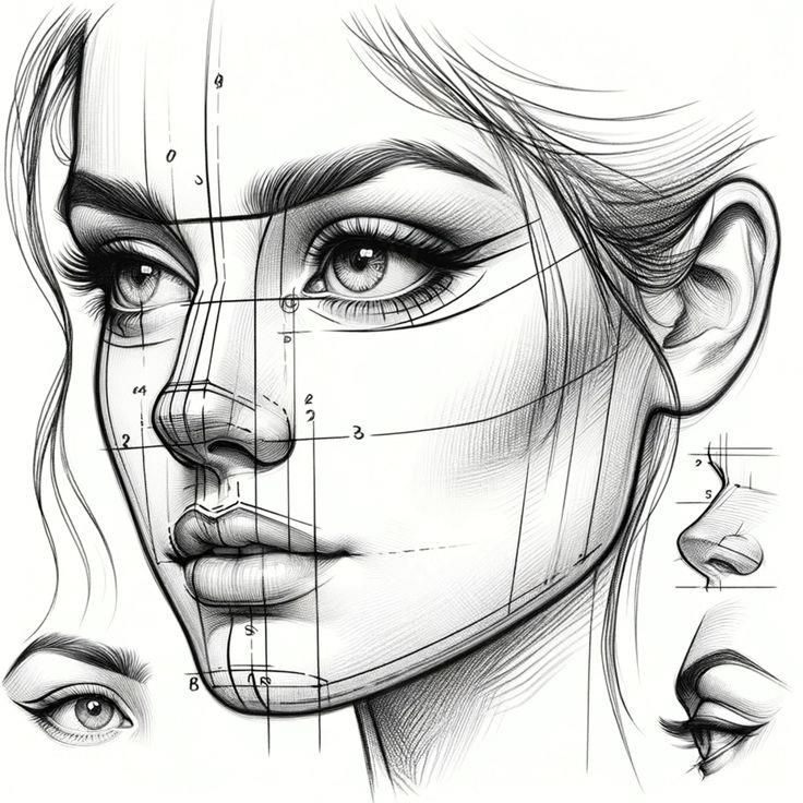 квмпка Illustration of a woman's face with geometric guidelines, showcasing facial proportions and detailed features. | Sky Rye Design Illustration of a woman's face with geometric guidelines, showcasing facial proportions and detailed features.