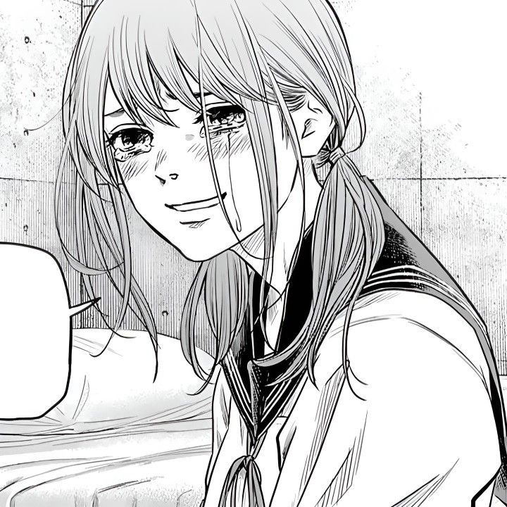 Anime character with long hair smiling softly, wearing a school uniform in a manga illustration.