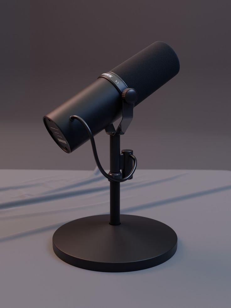 Black studio microphone on a stand against a neutral background, ideal for podcasting or professional audio recording.
