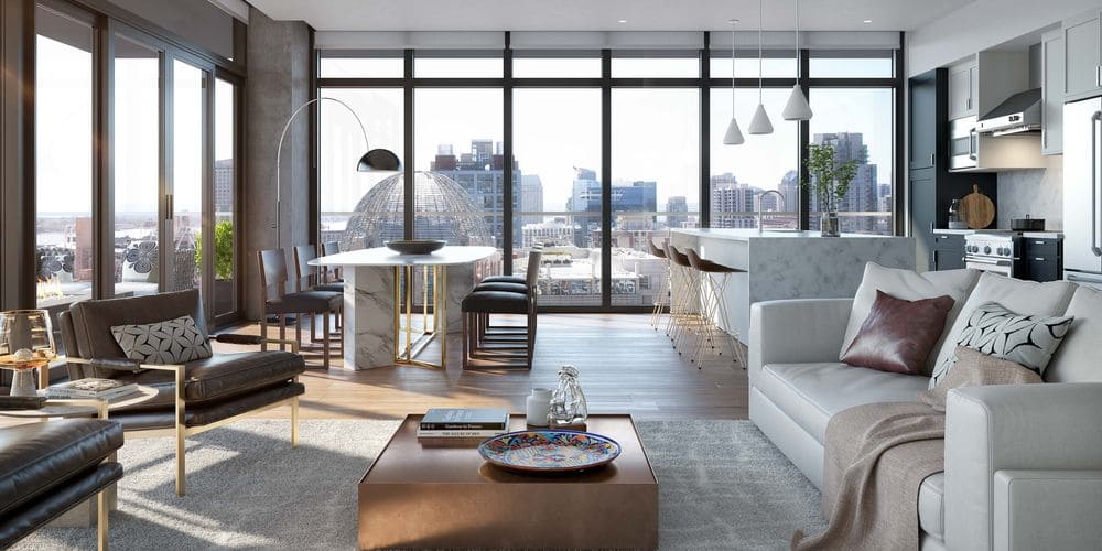 Modern open-concept living space with city view, featuring stylish furniture, a kitchen island, and large windows for natural light.