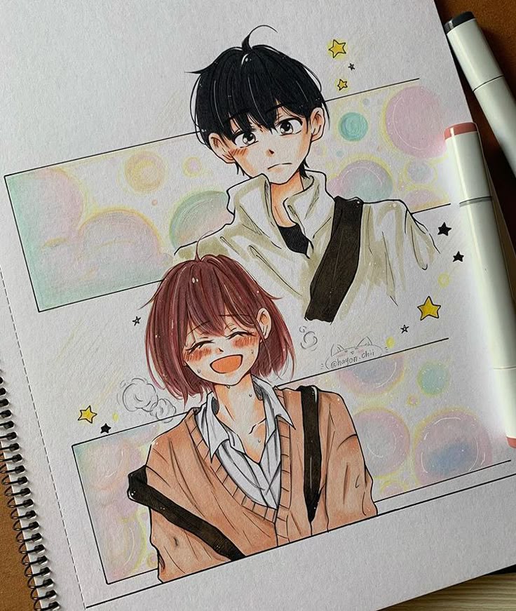 фуепкц Anime drawing of two characters, one smiling girl and a serious boy, surrounded by bubbles and stars, on sketchpad. | Sky Rye Design Anime drawing of two characters, one smiling girl and a serious boy, surrounded by bubbles and stars, on sketchpad.