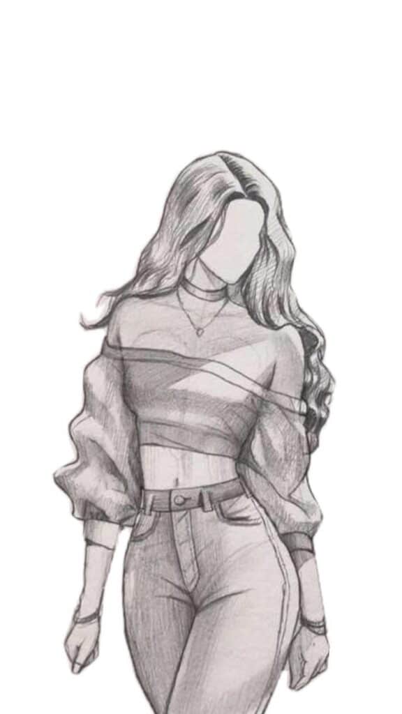 Elegant sketch of a faceless woman with long hair, wearing a crop top and high-waisted jeans, showcasing stylish, modern fashion.