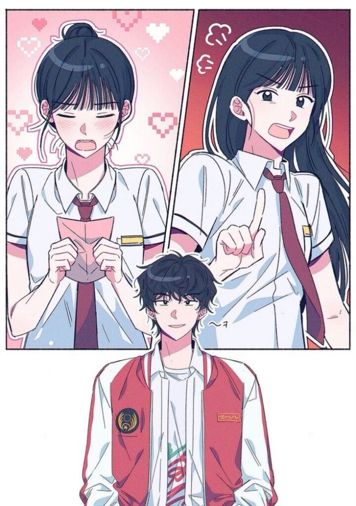 явамыя Anime characters in school uniforms, with hearts and expressions, convey a romantic and playful scene. | Sky Rye Design Anime characters in school uniforms, with hearts and expressions, convey a romantic and playful scene.