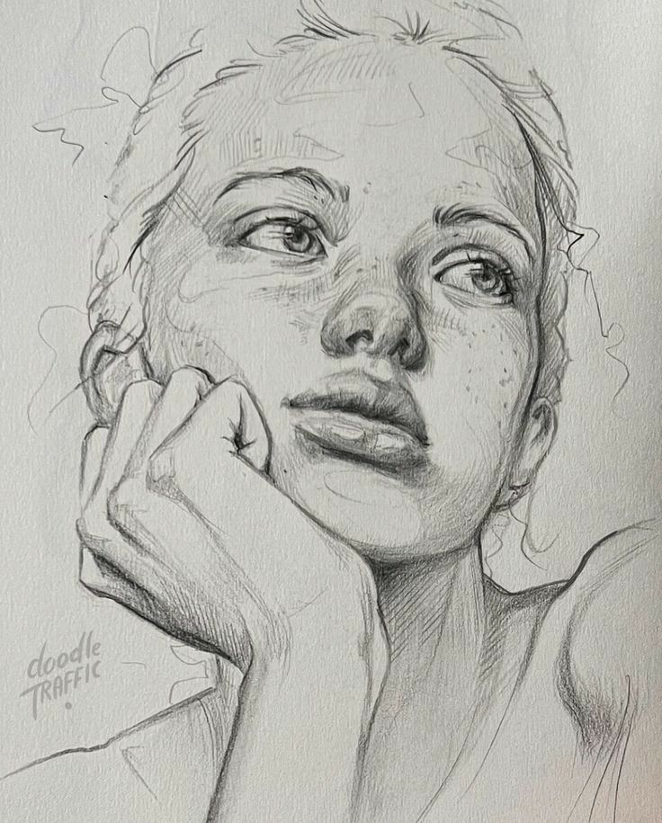 яверяв Pencil sketch of a pensive woman resting her chin on her hand, gazing sideways in deep thought. | Sky Rye Design Pencil sketch of a pensive woman resting her chin on her hand, gazing sideways in deep thought.